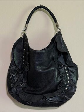 Susan Farber Collections Black Ruffle Hobo with Stud Accents